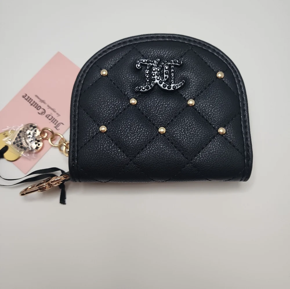 Juicy Couture Black Quilted Coin Purse with Mirror NWT Gold Studs & JC Logo